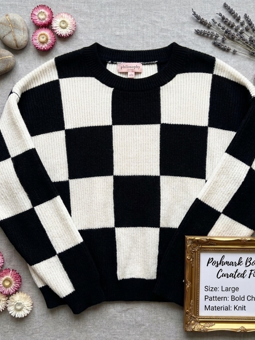 Philosophy Black & White Ribbed Crew Sweater
